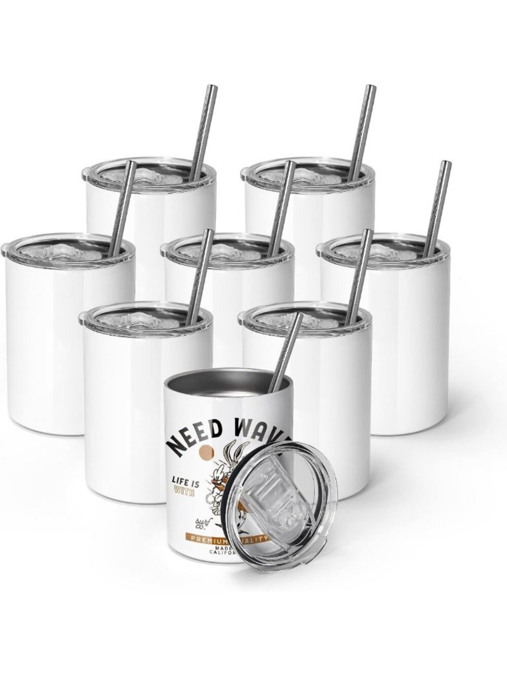 10oz Stainless Steel Sublimation Wine Tumblers - 8 Pack with Lids & Straws